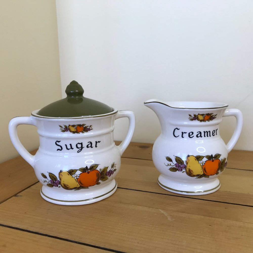 Creamer & Sugar Bowl with Lid Set Vintage Ceramic Made in Japan Fruit Design